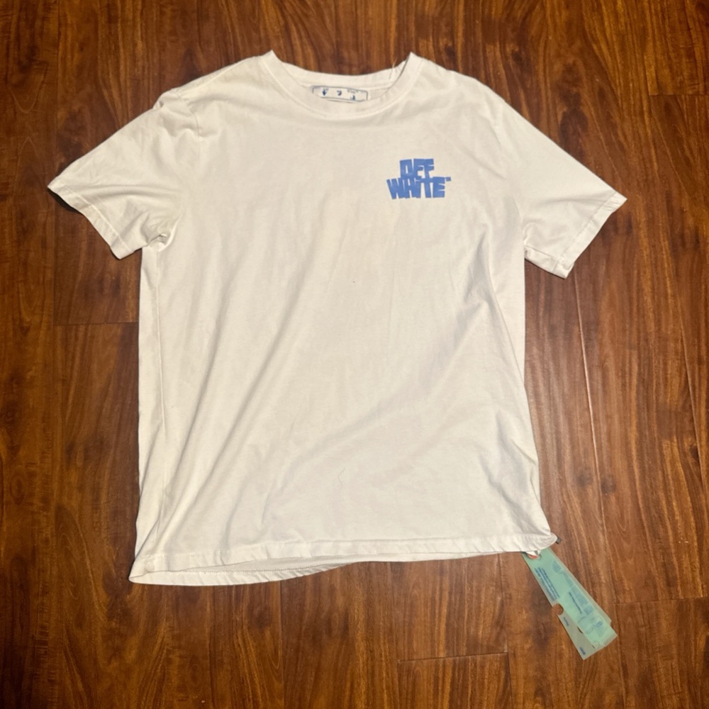 Off-White Men's White Tee with Blue Logo